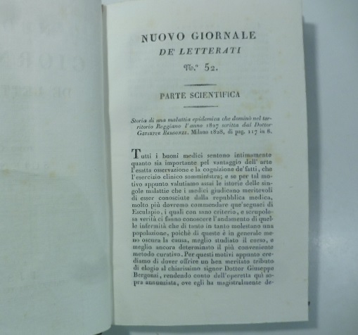 Storia di una malattia epidemica che dominò nel territorio Reggiano l'anno 1827 scritta dal D. G. bergonzi. Milano, 1828. (Stralcio da: Nuovo giornale de' letterati. N. 52. 1830)
